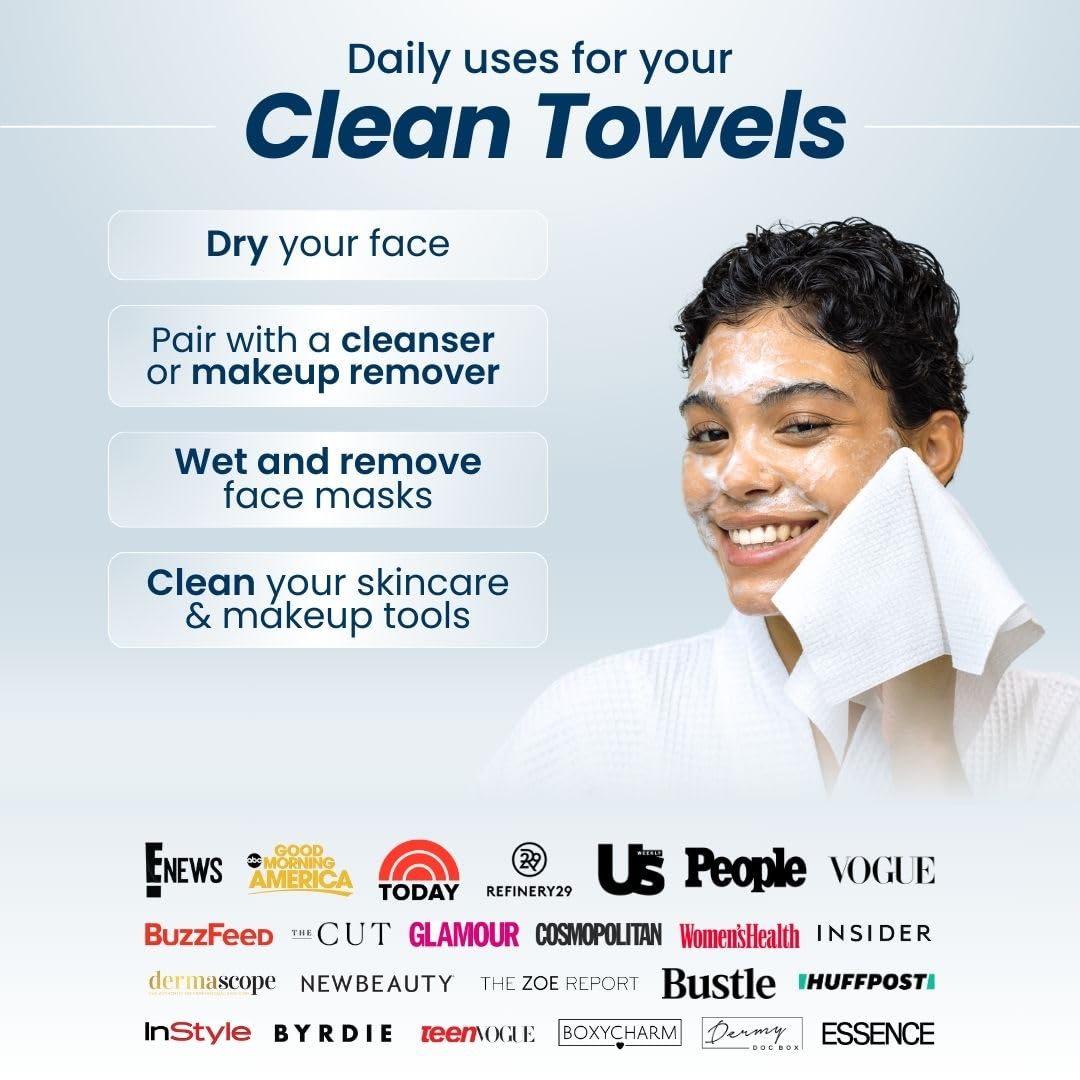 Clean Towels XL™, 100% USDA Biobased Face Towel, Disposable Face Towelette, Makeup Remover Dry Wipes, Ultra Soft, 50 Ct, 1 Pack